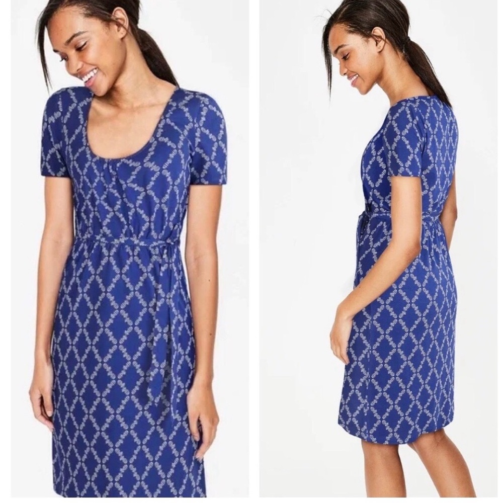 Boden Blue Scoop Neck Mini Dress with White Diamond Pattern